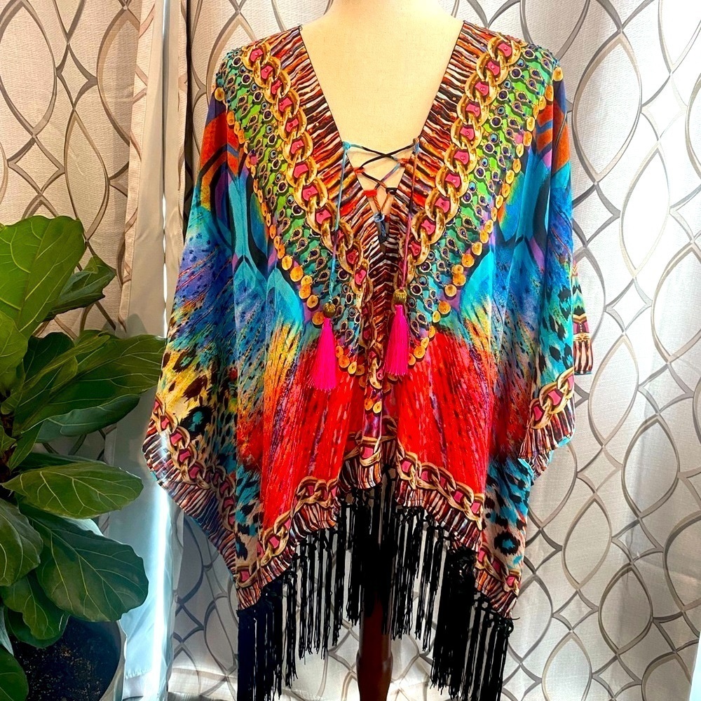 NWT True Colours by La Moda Fringe Peacock Swim Cover Up Top One Size